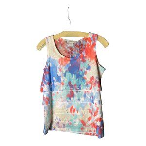 Coldwater Creek Layered Tank, abstract pattern, white with blue/orange XS (4-6)
